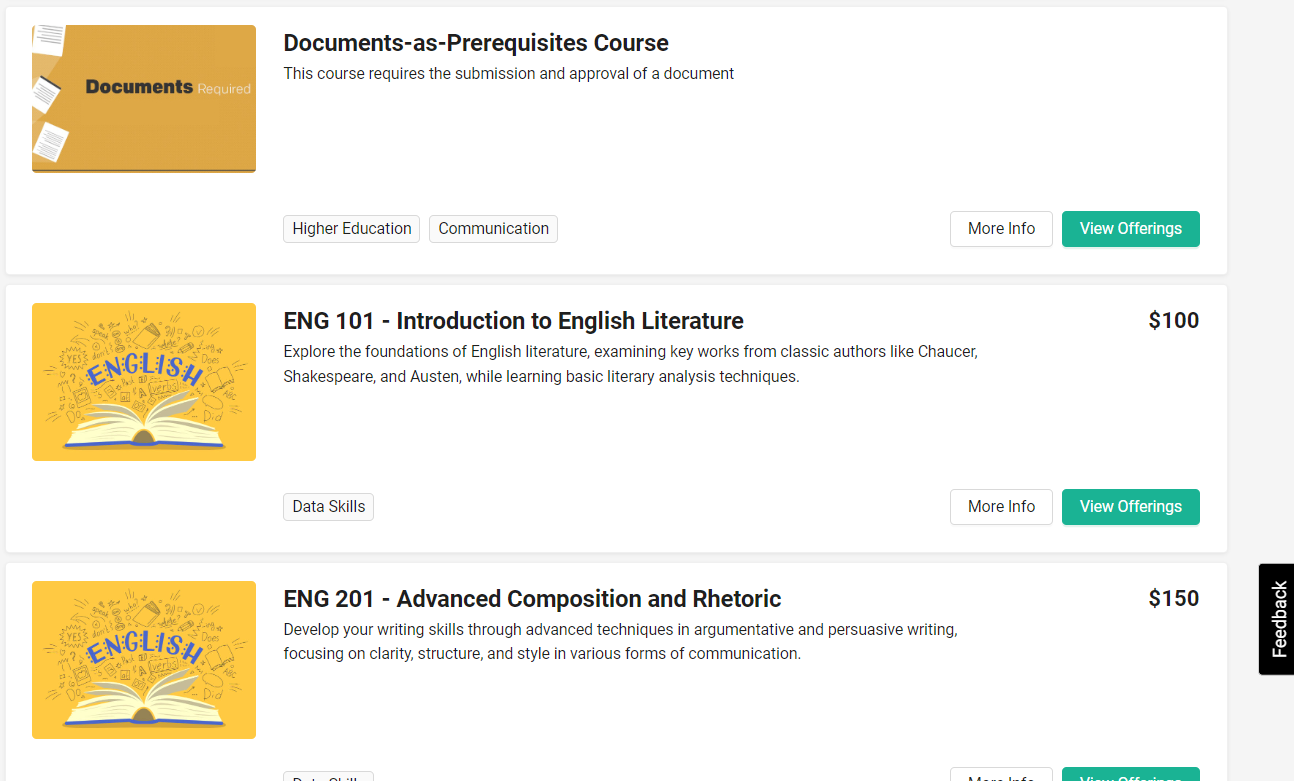 Screenshot of Listing of Courses