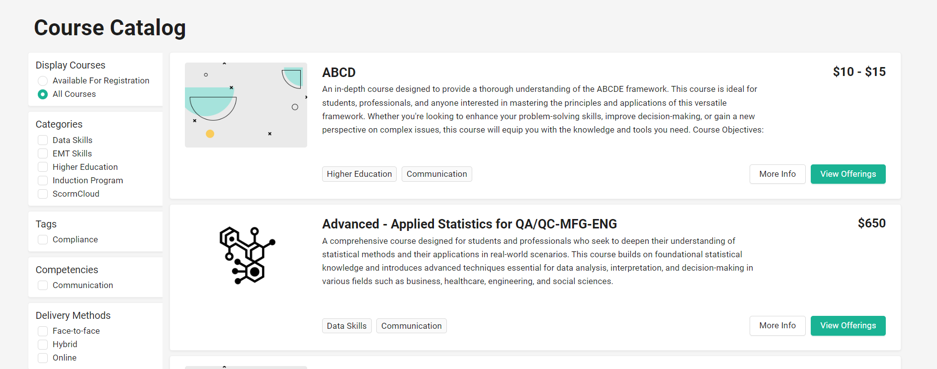 Screenshot of Course Catalog Filters
