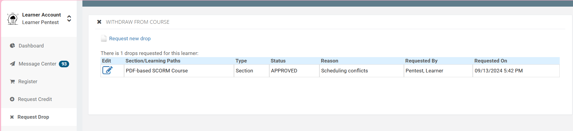 Screenshot of Withdraw a Course