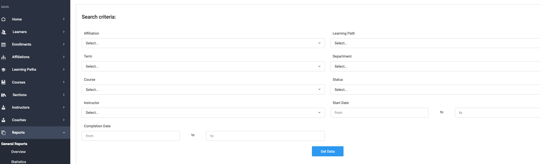 Screenshot of Search Criteria for Enrollment History Report
