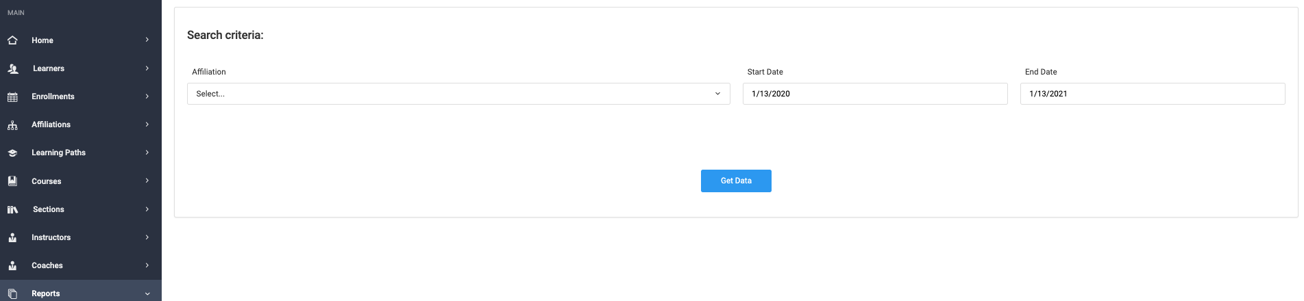 Screenshot of Search Criteria for Completion by Course Report
