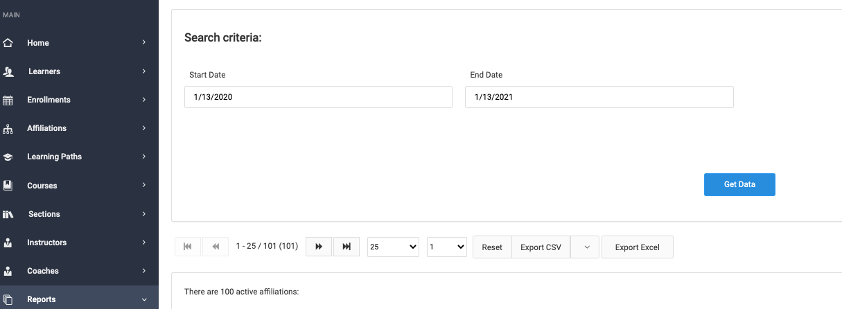 Screenshot for Search Criteria for Completion by Affiliation Report