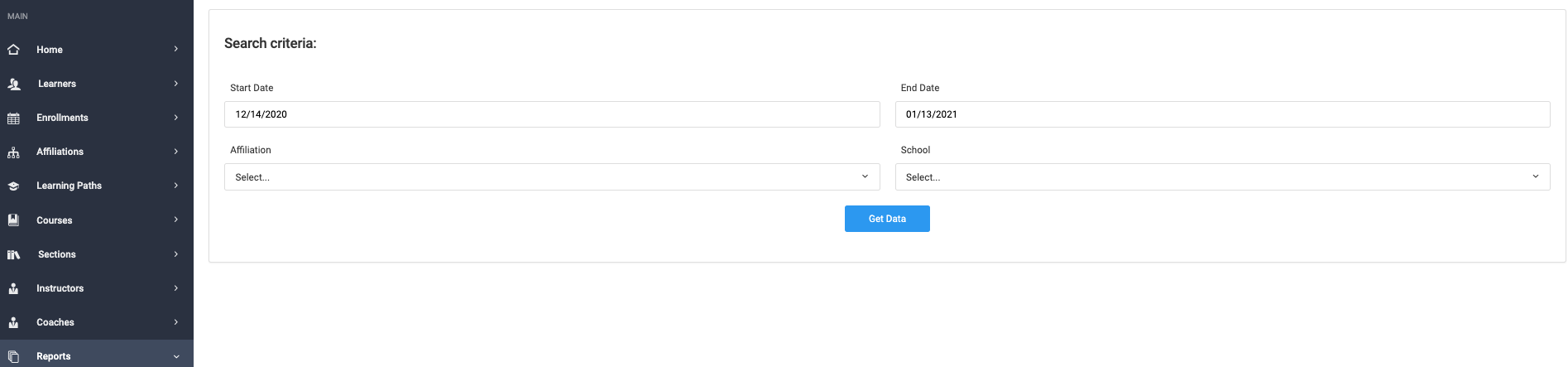Screenshot of Report Criteria
