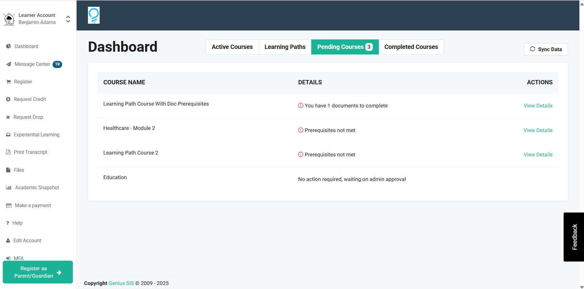 Screenshot of Pending Courses page on the Learner Dashboard