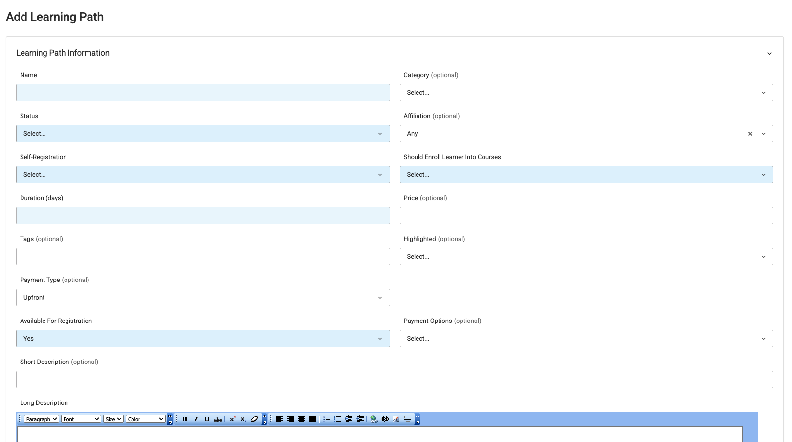 Learning Path Creation Page